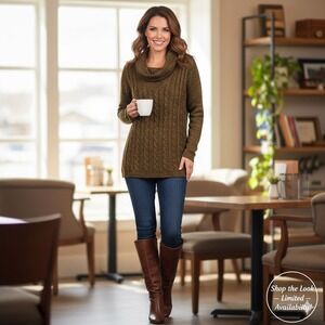 Susan Graver Style Metallic Bronze Cable Knit Cowl Neck Tunic Sweater Medium